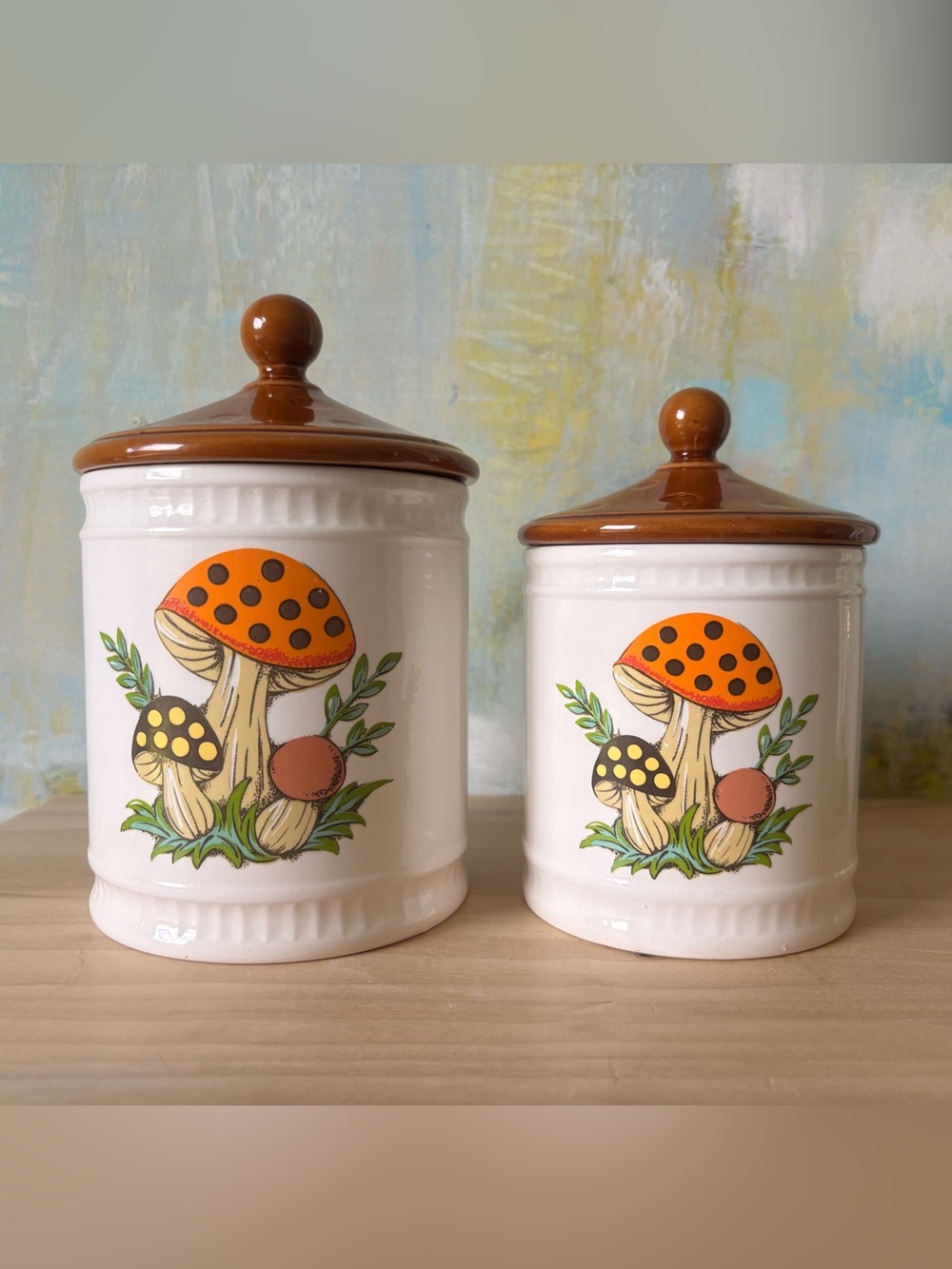 Vintage Sears & Roebuck Merry Mushroom Canister Set (2)